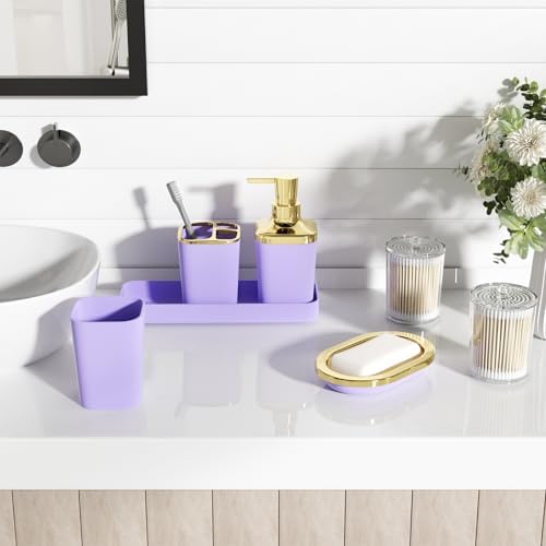XLHOMO Bathroom Accessories Set - 25PC Bathroom Set with Shower Curtain and Rugs, Purple Bathroom Set, Bathroom Accessory Set with Press-on Lid Trash Can, Soap Dispenser and Qtip Holders