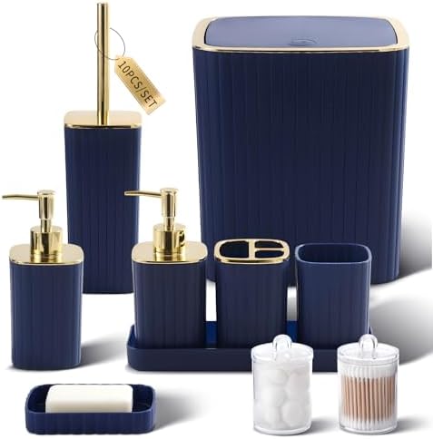 XLHOMO Bathroom Accessories Set - Gorgeous Bathroom Set, 10PC Navy Blue Bathroom Accessory Set, Toilet Brush, Trash Can, Qtip Holder & Soap Dispenser