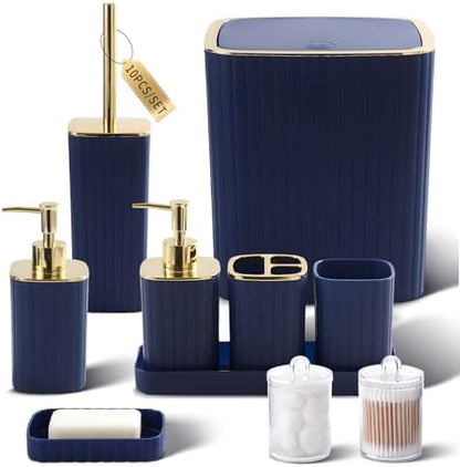 XLHOMO Bathroom Accessories Set - Gorgeous Bathroom Set, 10PC Navy Blue Bathroom Accessory Set, Toilet Brush, Trash Can, Qtip Holder & Soap Dispenser