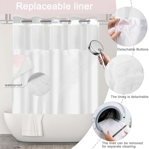No Hook Shower Curtain with Liner, Pink Stripe, 71x74 Inch