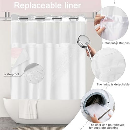 No Hook Shower Curtain with Liner, Pink Stripe, 71x74 Inch
