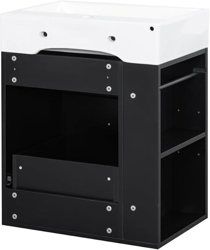 20" Floating Small Bathroom Vanity with Sink, Wall Mounted Vanity for Compact Bathrooms, Space-Saving Narrow Bathroom Vanities with Soft-Close Drawer Open Shelf Towel Bar (Black,20" Floating Drawer)
