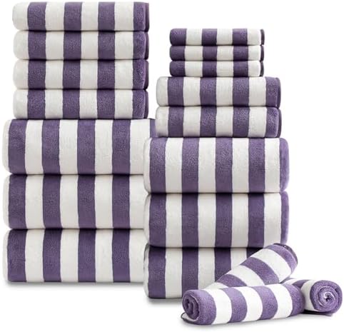 18 Pcs Purple Stripe Bath Towel Set with Hanging Loop-6 Bath Towels,6 Hand Towels,6 Washcloths Soft Family Towels Set Bathroom Towel Highly Absorbent Quick Dry Shower Towel for Beach Spa Gym Hotel