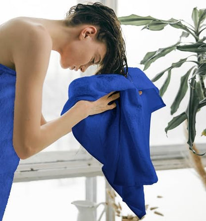 Luxury Towels for Bathroom Set of 8-2 Bath Towels 2 Hand Towels 4 Washcloths - 600 GSM 100% Cotton Ring Spun Viscose Border Towels Set - Royal Blue