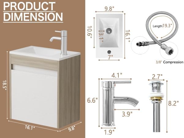 wonline 16” Small Bathroom Vanity Sink Combo for Small Space Wall Mounted Cabinet Set White Resin Basin Sink Top Chrome Faucet