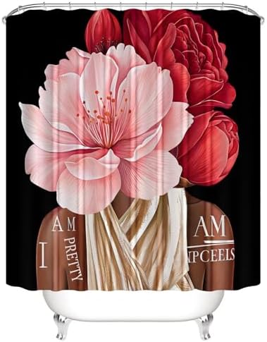 4 Pcs Black Girl Shower Curtain Sets African American Woman Red Rose Floral Quotes Non-Slip Rugs Bath Mat Toilet Cover U Shaped Mat Shower Curtain with 12 Hooks Bathroom Set