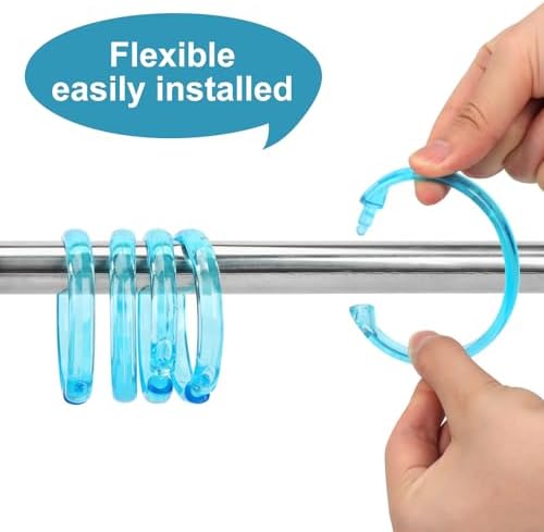 Blue Shower Curtain Hooks - 12 Pcs Circular Plastic Shower Curtain Rings for Bathroom - O Shaped Transparent Aqua Blue Shower Hooks Rings for Shower Curtain Rod