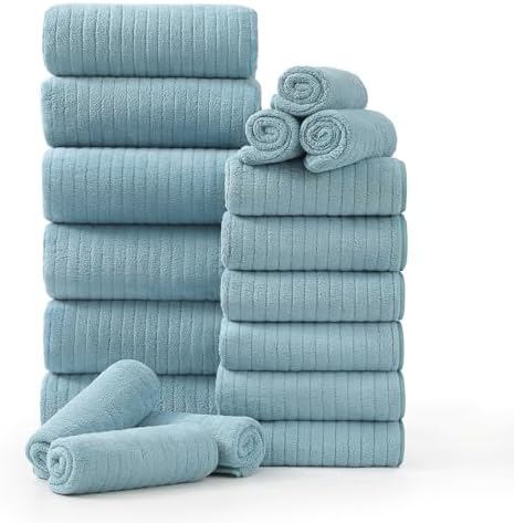 18 Piece Family Bath Towel Set Include 6 Bath Towels,6 Hand Towels and 6 Washcloths Soft Bathroom Towel with Hanging Loops,Highly Absorbent Quick Dry Towels Set for Bathroom,Hotel and Spa-Turquoise