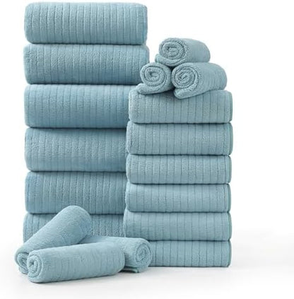 18 Piece Family Bath Towel Set Include 6 Bath Towels,6 Hand Towels and 6 Washcloths Soft Bathroom Towel with Hanging Loops,Highly Absorbent Quick Dry Towels Set for Bathroom,Hotel and Spa-Turquoise