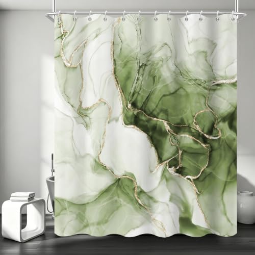 Green Marble Shower Curtain Modern Abstract Luxury Gold Ink Texture Gray Ombre Watercolor Bathroom Curtain Set with Hooks Soft and Lightweight Waterproof Fabric Machine Washable 66" WX72 L