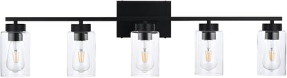 5 Light Bathroom Vanity Light Fixtures, Matte Black Modern Wall Lights with Clear Glass Shade, Vintage Wall Sconce Lighting for Living Room, Mirror, Bedroom, Hallway (Black, 5-Lights)