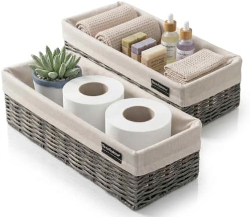 Brookstone Over the Toilet Tank Wicker Storage Basket, Bathroom and Closet Organizers and Storage Bins with Fabric Liner, Grey, 2 Pack Set