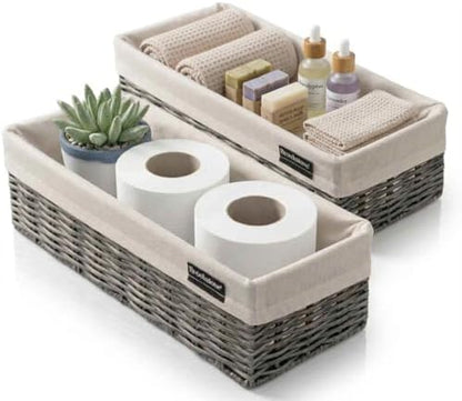 Brookstone Over the Toilet Tank Wicker Storage Basket, Bathroom and Closet Organizers and Storage Bins with Fabric Liner, Grey, 2 Pack Set