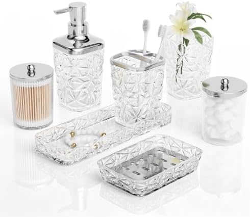 Bathroom Accessory Set, 7 Pcs White Bathroom Accessories Set, Acrylic Soap Dispenser and Toothbrush Holder Set, Qtip Holder Set, Bathroom Sink Set, Gift for Home Apartment