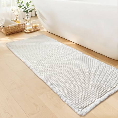 Long White Bathroom Rug, Waffle Bath Mat Runner Non Slip, 24 x 72