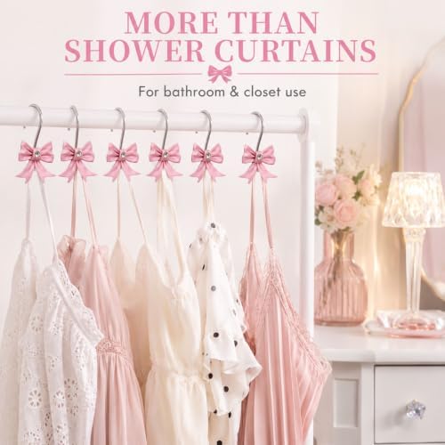 Decorative Shower Curtain Hooks Bow Tie Rust Resistant Hooks Glide Shower Ring Hangs Holder Bling for Bathroom, Pack of 12
