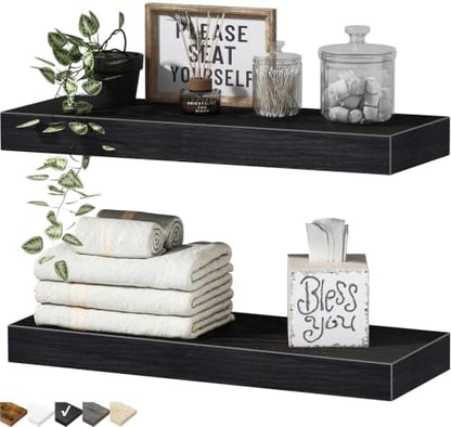 QEEIG Bathroom Floating Shelves for Wall - 15.7" Wall Mounted Shelf Over Toilet Farmhouse Home Decor Display Bookshelf Small 15.7 x 6.7 inch Set of 2, Black (008-40B)