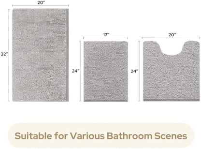 HOMEIDEAS Light Grey Chenille Bathroom Rugs Set of 3, Non Slip Bath Mat