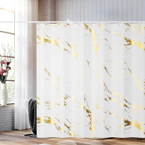 Gold Marble Shower Curtain, Waterproof Bathroom Decor Curtain with Hooks, Stylish White & Gold Pattern Bath Curtain for Modern/Luxury Bathrooms (72x72 Inches)
