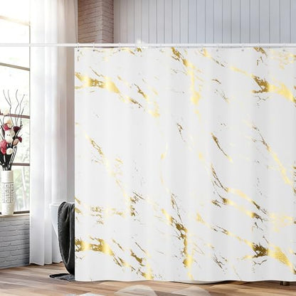 Gold Marble Shower Curtain, Waterproof Bathroom Decor Curtain with Hooks, Stylish White & Gold Pattern Bath Curtain for Modern/Luxury Bathrooms (72x72 Inches)