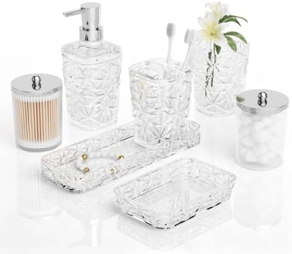 Bathroom Accessory Set, 7 Pcs White Bathroom Accessories Set, Acrylic Soap Dispenser and Toothbrush Holder Set, Qtip Holder Set, Bathroom Sink Set, Gift for Home Apartment