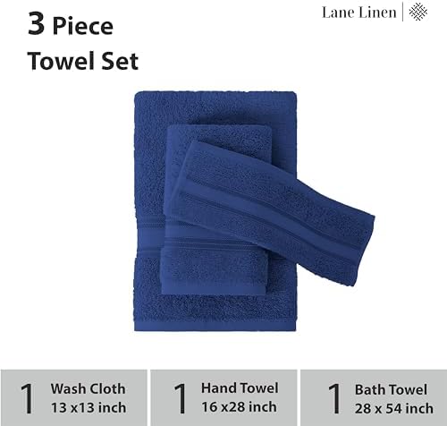 LANE LINEN Bath Towel Set Quick Dry 100% Cotton 3 Piece Soft - Navy