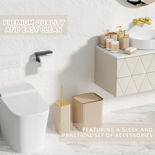 XLHOMO Bathroom Accessory Set - 26PC Bathroom Shower Curtain and Rug Set, Bathroom Accessories Set, Beige Bathroom Set with Trash Can, Toilet Brush, Qtip Holder & Soap Dispenser
