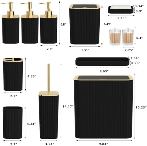 Bathroom Accessory Set - Bathroom Set, 12PC Bathroom Accessories Set, Black Bathroom Accessories Set, Mini Trash Can, Toilet Brush, Trash Can & Soap Dispenser