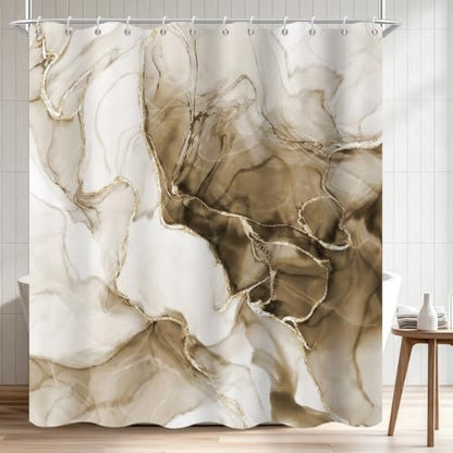Brown Marble Shower Curtain Modern Abstract Luxury Gold Ink Texture Gray Ombre Watercolor Bathroom Curtain Set with Hooks Soft and Lightweight Waterproof Fabric Machine Washable 36" Wx72 L