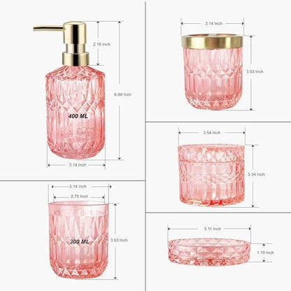 LaMarriti 5pcs Pink Bathroom Accessory Set, Clear Glass Bathroom Set, Soap Dispenser and Toothbrush Holder Set, Soap Dish, Tumbler, Qtips Holder for Crystal Modern Bathroom Decor, Set