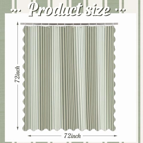 HunnmingRe Sage Green Farmhouse Striped Shower Curtain Scalloped 72x72''