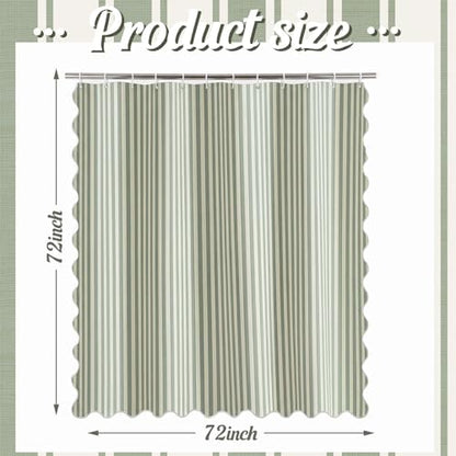HunnmingRe Sage Green Farmhouse Striped Shower Curtain Scalloped 72x72''