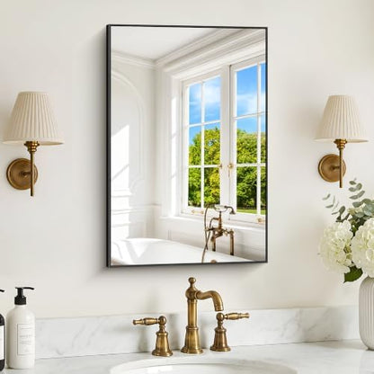 DESBING 16" x 24" Bathroom Mirror, Black Metal Frame Wall Mirror