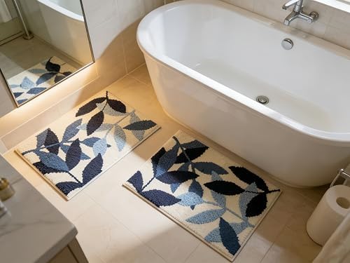 Bath Mat Leaves Blue Area Rug Non-Slip Soft Absorbent Bathroom Rugs Machine Washable Bath Rug Floor Carpet Entryway Door Mat for Tub Shower Decor 19.5 X 31.5 Inches