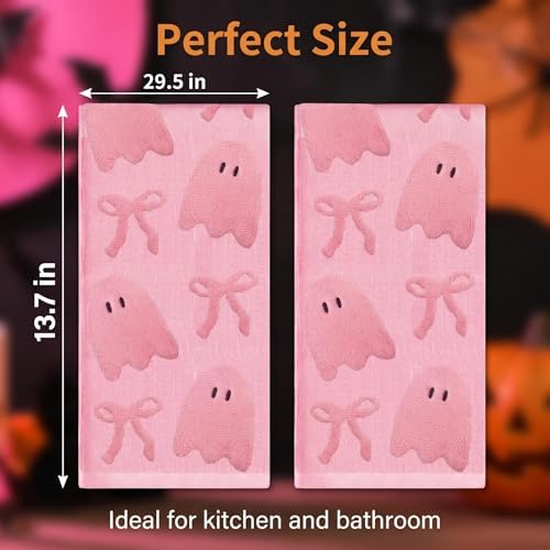 2 Pack Halloween Hand Towels 100% Cotton Jacquard Ghost Halloween Kitchen Towels White Bathroom Towels Set Seasonal Bathroom Decor (Bow and Ghost, Halloween)