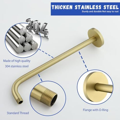 Stainless Steel Shower Head Extension Arm Wall Mounted Rainfall Shower Tube Bathroom Hardwares Accessories 16 Inch Brushed Gold,SW-RD91018-16BG.