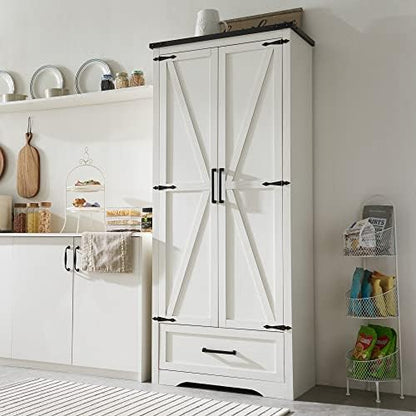 JXQTLINGMU Farmhouse Kitchen Pantry Cabinet - 72" Tall Wood Kitchen Storage Cabinets with Adjustable Shelves & 2 Barn Style Doors & Drawer, Versatile Storage for Dining Room, Bathroom, Antique White