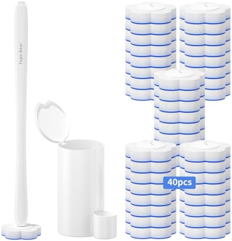 Topo Bear Disposable Toilet Bowl Brush with 40 Toilet Wand Refills, Toilet Bowl Cleaner Wands, Toilet Cleaning System Starter Kit