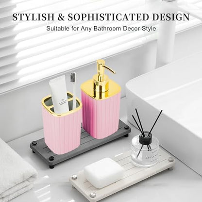 RRM 2PCS Bathroom Accessories Set,Pink Soap Dispenser and Toothbrush Holder