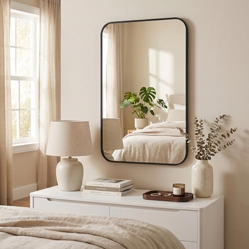 BEAUTYPEAK 16" x 24" Rectangular Wall Mounted Bathroom Mirror, Black