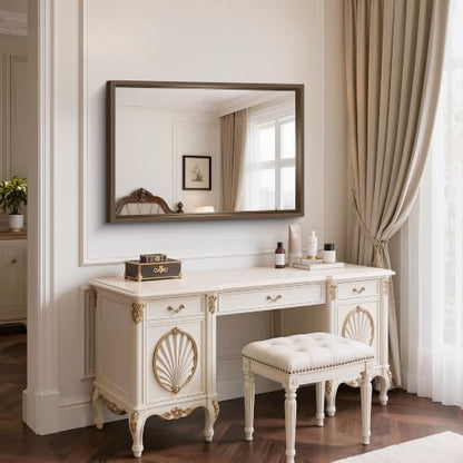 Bathroom Mirror, 30 x 42 inch Walnut Wood Grain Colored Aluminum Metal Frame Bathroom Vanity Mirror, Rectangle Wall Mirror for Bedroom Living Room, Tempered Glass, Horizontal or Vertical