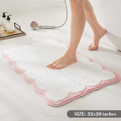 Luxury Microfiber Bathroom Rugs, White Bath Rug with Pink Scalloped Piping Cute Aesthetic Girly Bath Mat for Women's Bathroom, Tub, Floor Carpet, Sink, Shower, Anti Slip, Absorbent, 32x20