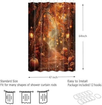 Fall Pumpkins Shower Curtain，Halloween Autumn Thanksgiving Harvest Forest Rural Trail Bathroom Decor，47 x 64 Inch Polyester Fabric Waterproof Bathroom Curtain with Hooks