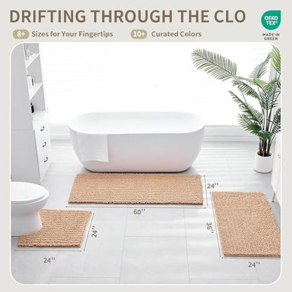 Bathroom Rugs Non Slip Washable 60x24, Extra Thick Soft Chenille Absorbent Bath Mat, High Density Barrier Non Slip Backing, Quick Dry Plush Shaggy Floor Carpet for Tub&Shower, Beige