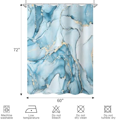 Aqua Blue Marble Shower Curtain Modern Abstract Luxury Gold Ink Texture Ombre Watercolor Bathroom Curtain Set with Hooks Soft and Lightweight Waterproof Fabric Machine Washable 60" Wx72 L