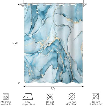 Aqua Blue Marble Shower Curtain Modern Abstract Luxury Gold Ink Texture Ombre Watercolor Bathroom Curtain Set with Hooks Soft and Lightweight Waterproof Fabric Machine Washable 60" Wx72 L