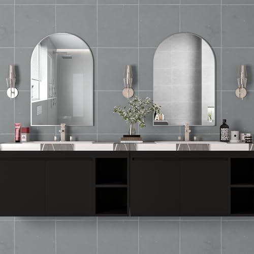 Wall Mounted Mirror, Arched Wall Mirror for Bathroom, 2 Pieces 24"x36" Arch Bathroom Mirror with Metal Frame, Silver Vanity Mirror Decor for Mantle, Bedroom, Entryway, Living Room