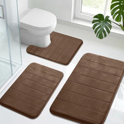 Neween Bathroom Rugs Set 3 Piece, Absorbent Memory Foam Bath Mat, Brown