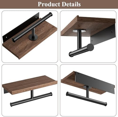 Tindbea Double Toilet Paper Holder with Wood Shelf, Wooden Wall Mount Toilet Paper Roll Holder, Matte Black Stainless Steel Bathroom Toilet Tissue Holder (Walnut)