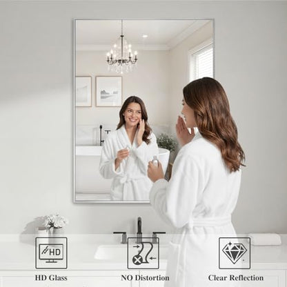 Koonmi Silver Rectangle Wall Mirror, 30x40 Inch Bathroom Mirror, Aluminum Frame Vanity Mirror for Entryway, Living Room, Bedroom Bathroom, Hangs Horizontally or Vertically